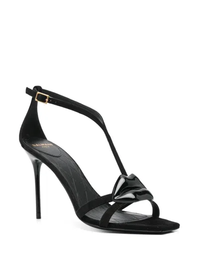 Balmain Black Leather Stiletto Heel Sandals In Schwarz