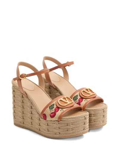 Valentino Vlogo Cherry Jacquard Raffia-wedge Espadrilles In Nude