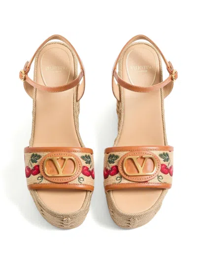Valentino Vlogo Cherry Jacquard Raffia-wedge Espadrilles In Nude