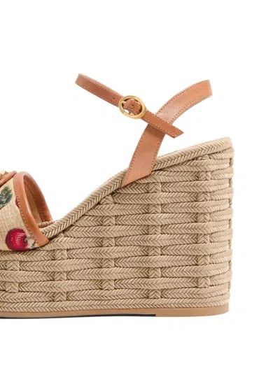 Valentino Vlogo Cherry Jacquard Raffia-wedge Espadrilles In Nude