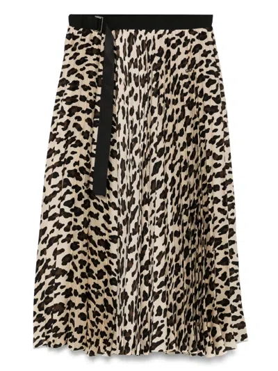 Sacai Asymmetrical Leopard Print Skirt With Adjustable Belt In Neutrals