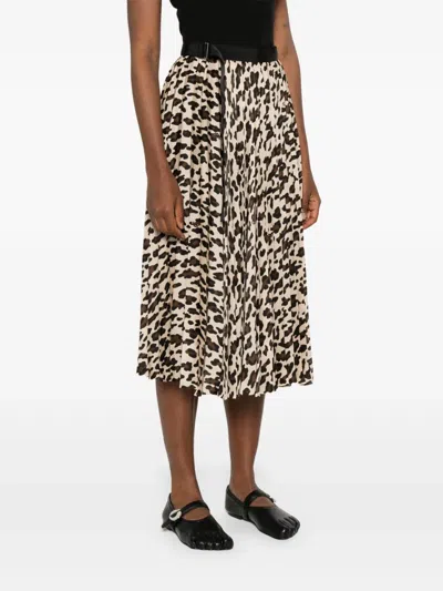 Sacai Asymmetrical Leopard Print Skirt With Adjustable Belt In Neutrals