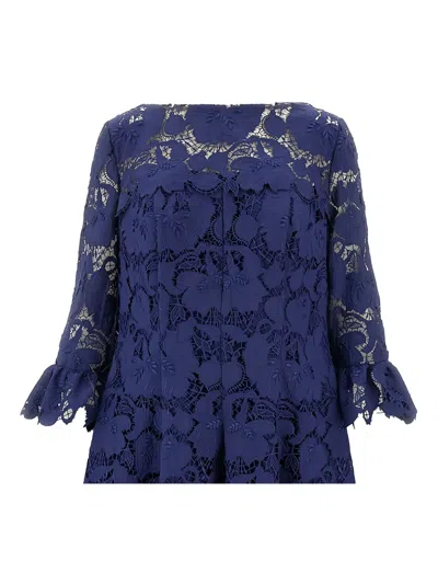 Talbot Runhof Guipure Lace Midi Dress In Blue