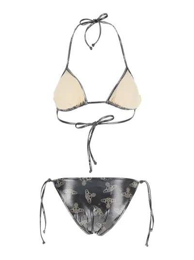 Vivienne Westwood Black Bikini With Halterneck With Tie Closure And All-over Orb Print In Black