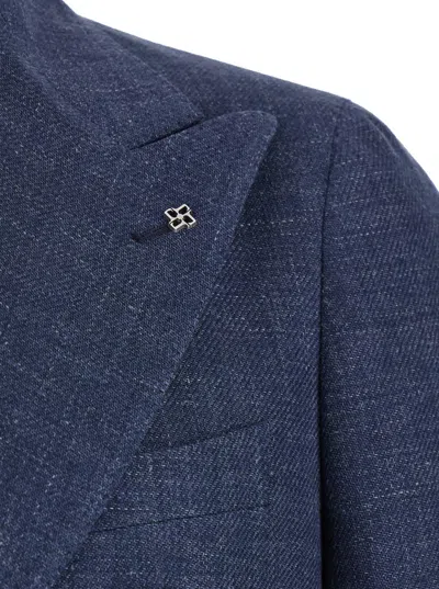 Tagliatore Blue Double-breasted Blazer With Logo Pin On The Front In Linen And Cotton Blend Man In Blu