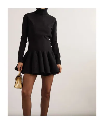 Valentino Pleated High-neck Mini Dress In Black