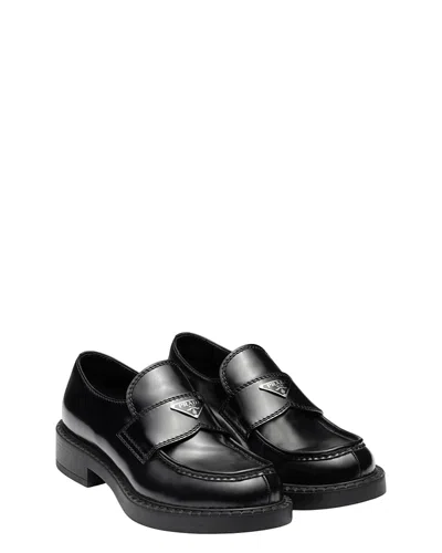 Prada Men's Chocolate Brushed Leather Loafers In Black