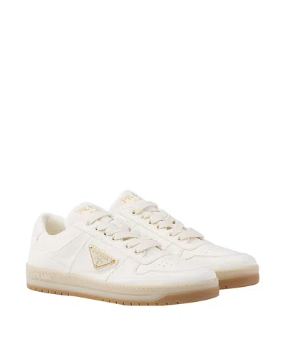Prada Streamlined Leather Low-top Sneakers With Metallic Accent In Neutral