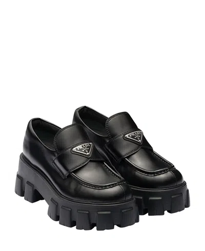 Prada Logo Plaque Spazzolato Leather Platform Moccasins In Black