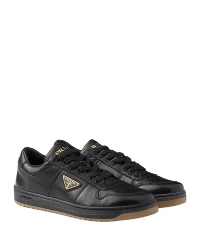 Prada Enamel-triangle Leather Sneakers In Black