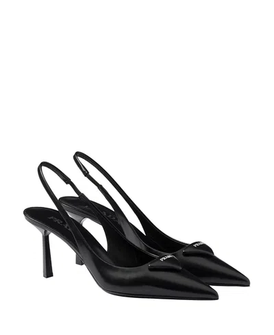 Prada (wmns)  Patched Logo Brushed Leather Slingback Heels 'black'