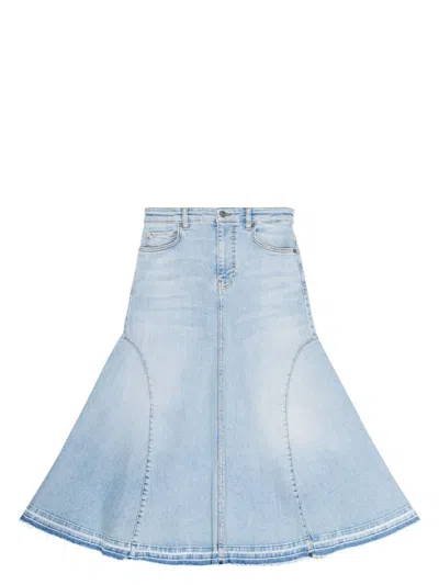 Ganni Long Denim Skirt With Light Blue Embroidered Logo In Tintwash