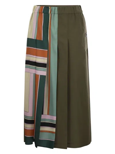Weekend Max Mara Midi Skirt In Printed Twill And Multicolor Gabardine In Khaki