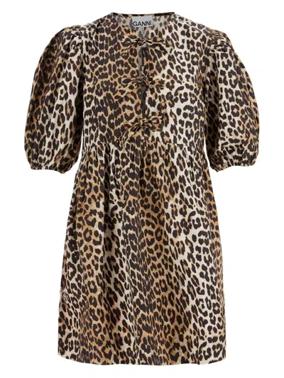 Ganni Brown Leopard Printed Cotton Tie String Minidress In Printed