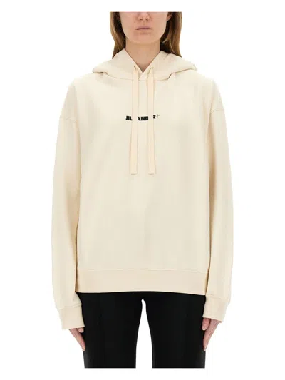 Jil Sander Logo Cotton Hoodie With Drawstring Hood In Beige