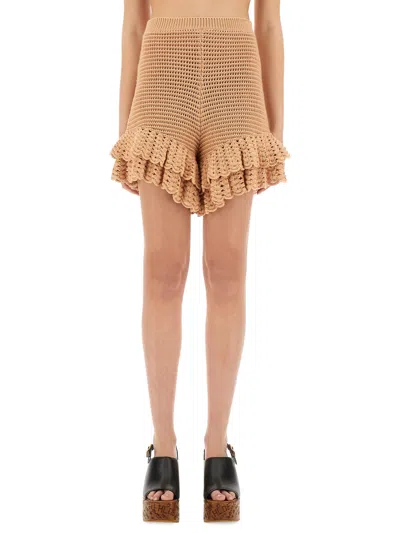 Chloé Tiered Ruffle Crochet Knit Shorts In Nude
