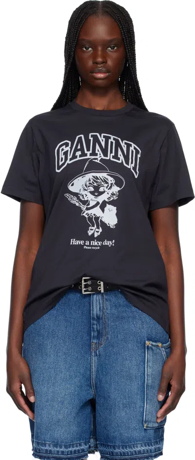 Ganni Black Crewneck T-shirt With Maxi Logo Lettering On The Front And Maxi Print On Front And Rear In 252 Phantom