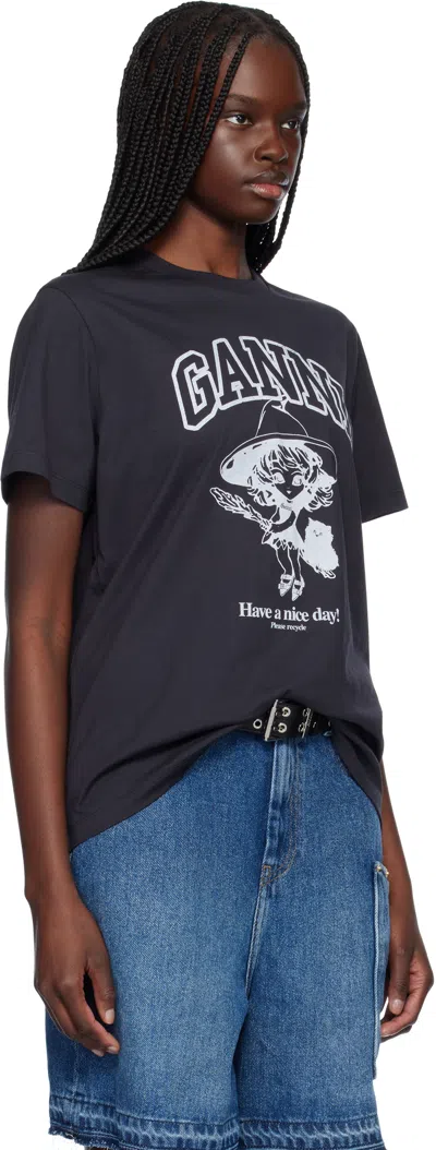 Ganni Black Crewneck T-shirt With Maxi Logo Lettering On The Front And Maxi Print On Front And Rear In 252 Phantom