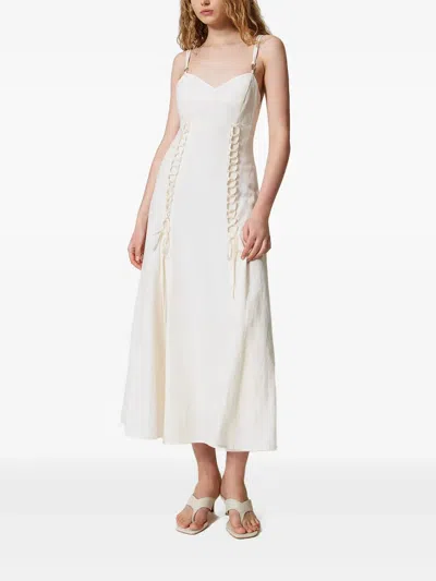 Twinset Twin-set V-neck Midi Dress With Lace-up Detailing In White