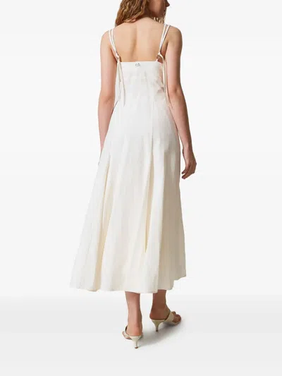 Twinset Twin-set V-neck Midi Dress With Lace-up Detailing In White