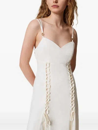 Twinset Twin-set V-neck Midi Dress With Lace-up Detailing In White