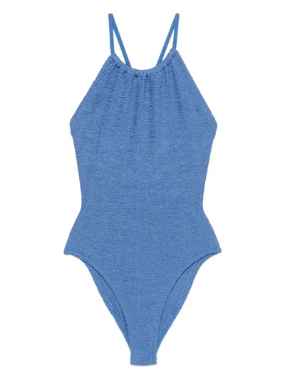 Hunza G 'portia' Blue Swimsuit With Criss-crossed Straps On The Rear In Blue