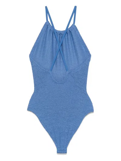 Hunza G 'portia' Blue Swimsuit With Criss-crossed Straps On The Rear In Blue