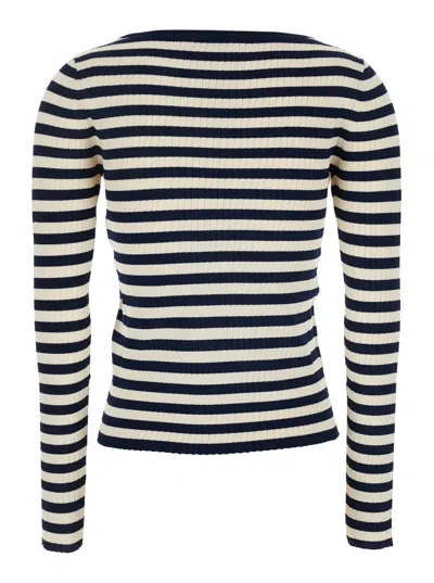 Twinset Twin-set White And Black Top With Ribbed Design And All-over Striped Motif In Viscose In Multicolor