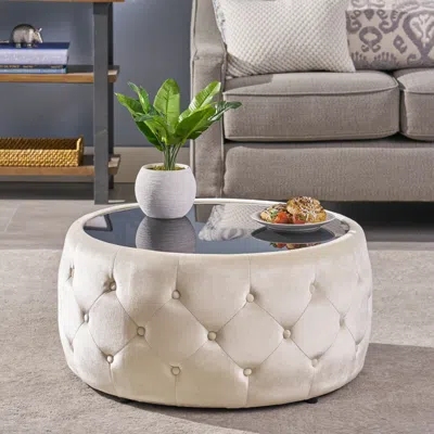 Streamdale Furniture Streamdale Modern Glam Velvet Ottoman With Button-tufted Stitch And Glass Top