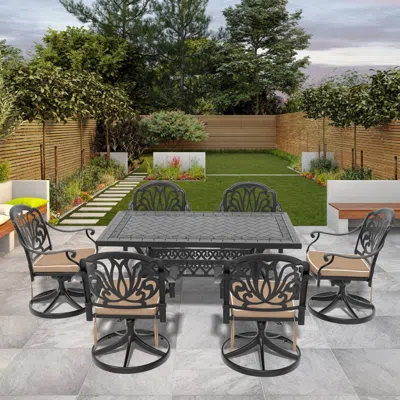 Streamdale Furniture Streamdale 7-pc Cast Aluminum Dining Set, 6 Swivel Chairs, Rectangular Table, Black Frame