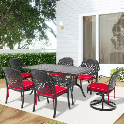 Streamdale Furniture Streamdale 7-piece Cast Aluminum Dining Set, 2 Swivel, 4 Chairs, Rectangular Table, Black Frame