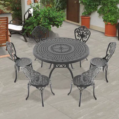 STREAMDALE FURNITURE STREAMDALE 7-PIECE SET OF ALL-WEATHER CAST ALUMINUM DINING FURNITURE SET WITH BLACK FRAME 