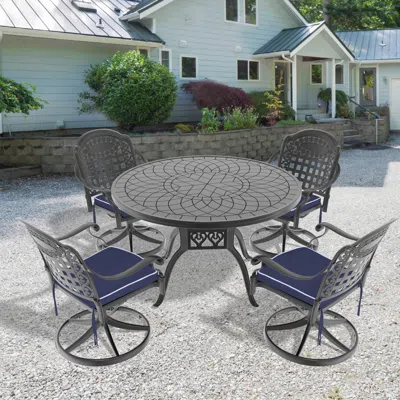 Streamdale Furniture Streamdale 7-pc Cast Aluminum Dining Set, 6 Swivel Chairs, 47" Round Table, Black Frame