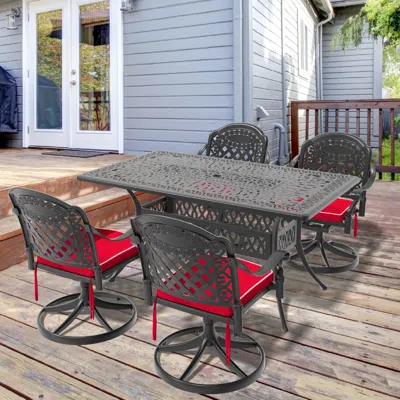 Streamdale Furniture Streamdale 7-piece Cast Aluminum Dining Set, 2 Swivel, 4 Chairs, Rectangular Table, Black Frame