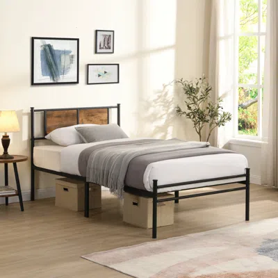 Streamdale Furniture Streamdale Twin Size Metal Bedframe, Headboard With Wood Panel Decoration
