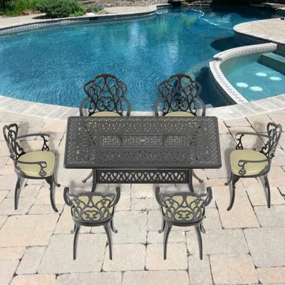 Streamdale Furniture Streamdale 7-pc Cast Aluminum Dining Set, 6 Swivel Chairs, Rectangular Table, Black Frame