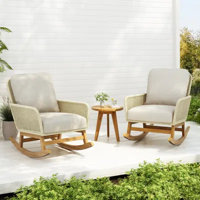 Streamdale Furniture Streamdale Modern 3-piece Outdoor Rocking Set, Ivory Cushions, Wood Table, Ideal For Patios