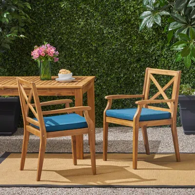 Streamdale Furniture Streamdale Blue Cushion Patio Chairs - Wood Arm Dining Set (set Of 2)