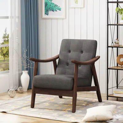 Streamdale Furniture Streamdale Mid-century Modern Accent Chair, Tufted Armchair With Dark Gray Upholstery And Brown Fram