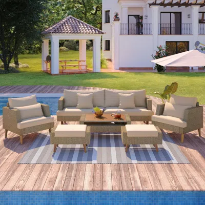 Streamdale Furniture Streamdale 6-pc Wicker Sofa Set, Outdoor Rattan, Double Cushions, Wood Legs & Table, Brown