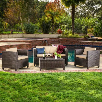Streamdale Furniture Streamdale 4-piece Outdoor Wicker Sofa Set With Cushions & Coffee Table