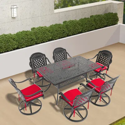 Streamdale Furniture Streamdale 7-piece Cast Aluminum Dining Set, 2 Swivel, 4 Chairs, Rectangular Table, Black Frame