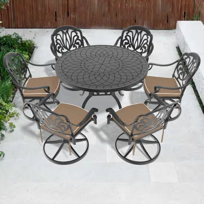Streamdale Furniture Streamdale 7-pc Cast Aluminum Dining Set, 6 Swivel Chairs, 47" Round Table, Black Frame