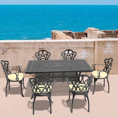 Streamdale Furniture Streamdale 7-piece Cast Aluminum Patio Set, Black Frame, Random Color Cushions