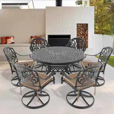 Streamdale Furniture Streamdale 7-pc Cast Aluminum Dining Set, 6 Swivel Chairs, 48" Round Table, Black Frame