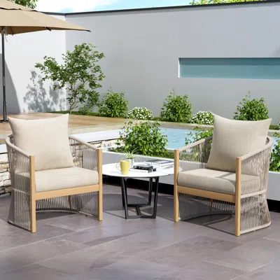Streamdale Furniture Streamdale Modern Beige Curved Aluminum Lounge Chairs, Rope Weave, Cushioned
