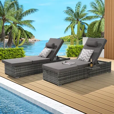 Streamdale Furniture Streamdale Outdoor Chaise Lounge Set (2) With Storage, Adjustable Backrests, Table, Cushions