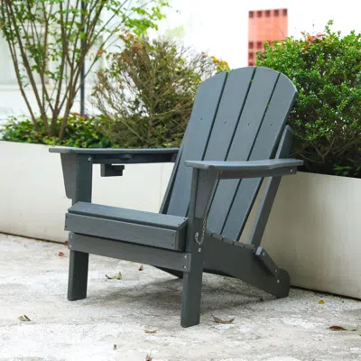 Streamdale Furniture Streamdale Gray Hdpe Folding Adirondack Chair, Dual Cup Holder, Wood Texture