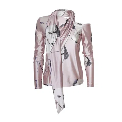 Julia Allert Women's Pink / Purple Draped Shoulder Long-sleeve Printed Blouse Pale Pink In Pink/purple