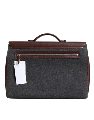 Pre-owned Brunello Cucinelli Brown Gray Leather Cognac Wool Business Tote Men's Bag ()